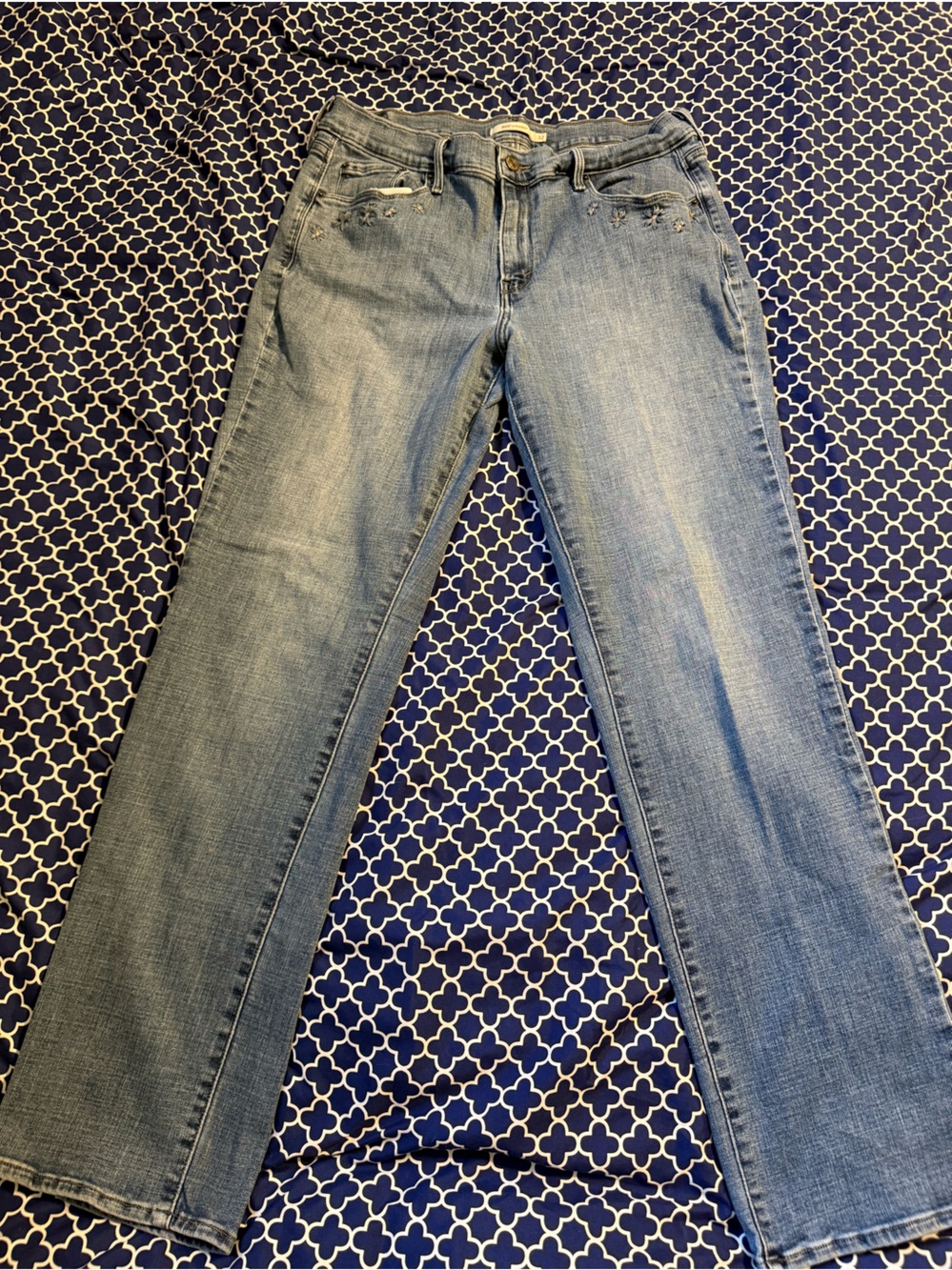 Light Blue Women's Straight Leg Jeans with floral embroidered pockets